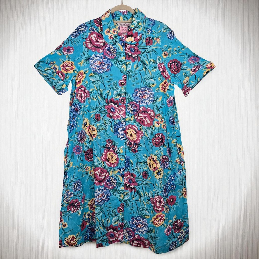 Vintage 70s Evelyn Pearson Floral House Dress Women Large Blue Pink Button Front
